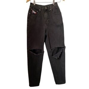 Vintage Faconnable Distressed Logo Black Faded Denim High Waist Mom Jean- Size 4